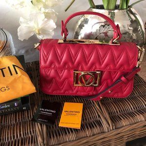 ❤️ NEW Mario VALENTINO Florence D Plate Quilted Red Leather Shoulder Bag
